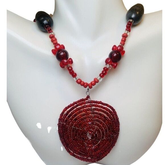 Vintage Hippie Bohemian Red Beaded Pendant Statement Necklace 24”Wood Artesian - Picture 12 of 16